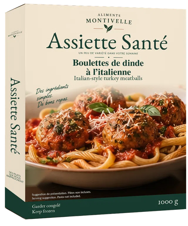 Packaging concept for Assiette Santé: Italian-style turkey meatballs, 1000 g.