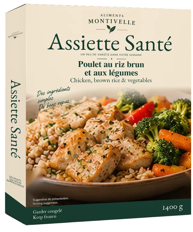 Concept d’emballage Assiette Santé : Poulet au riz brun et aux légumes, 1400 g.