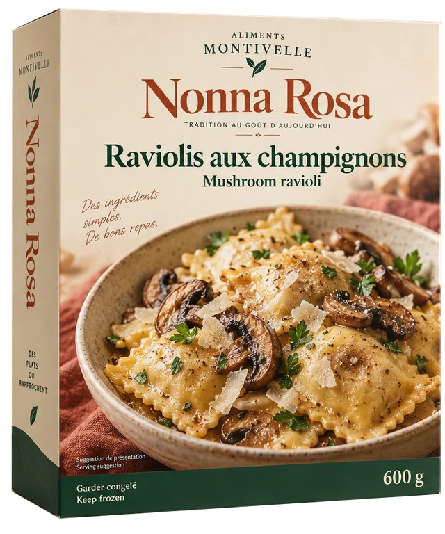 Concept d’emballage Nonna Rosa : Ravioli aux champignons, 600 g.